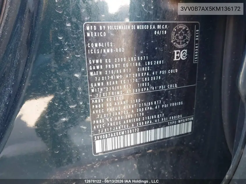 2019 VOLKSWAGEN TIGUAN VIN 3VV0B7AX5KM136172 — фото 19