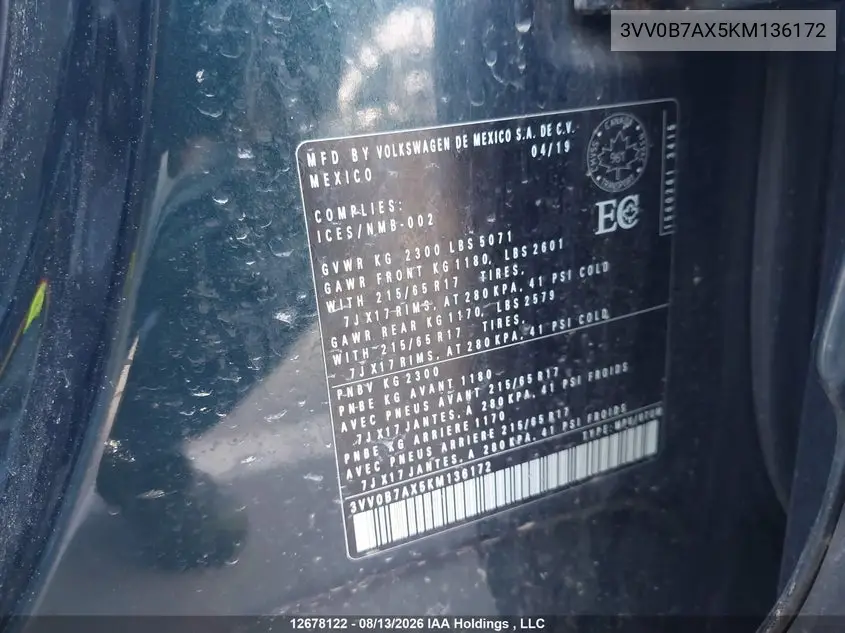 2019 VOLKSWAGEN TIGUAN VIN 3VV0B7AX5KM136172 — фото 9