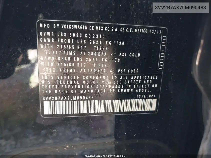 2020 VOLKSWAGEN TIGUAN VIN 3VV2B7AX7LM090483 — фото 9