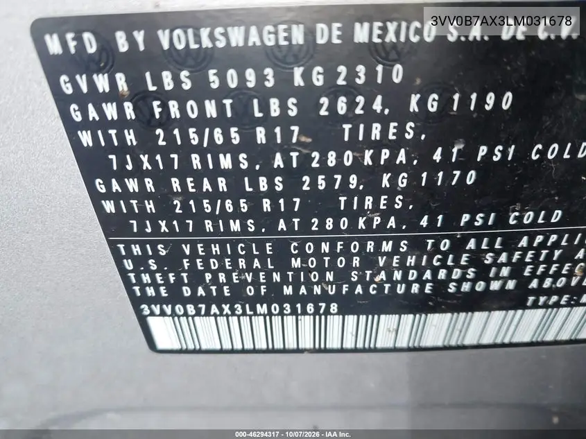 2020 VOLKSWAGEN TIGUAN VIN 3VV0B7AX3LM031678 — фото 9