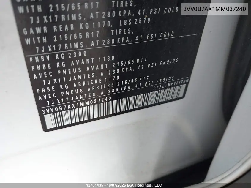2021 VOLKSWAGEN TIGUAN VIN 3VV0B7AX1MM037240 — фото 9