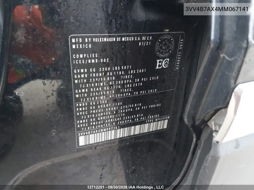 2021 VOLKSWAGEN TIGUAN VIN 3VV4B7AX4MM067141 — фото 20