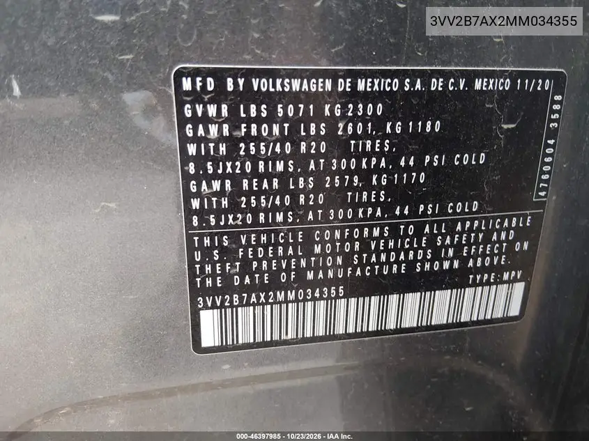 2021 VOLKSWAGEN TIGUAN VIN 3VV2B7AX2MM034355 — фото 9