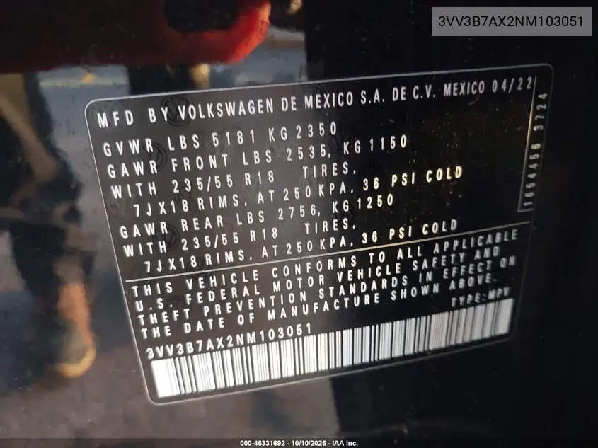 2022 VOLKSWAGEN TIGUAN VIN 3VV3B7AX2NM103051 — фото 9
