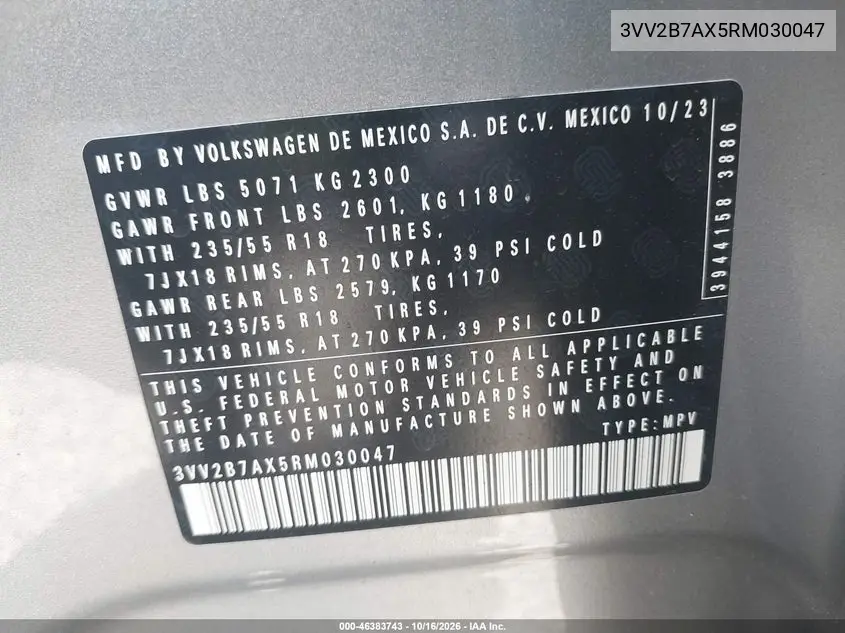 2024 VOLKSWAGEN TIGUAN VIN 3VV2B7AX5RM030047 — фото 9