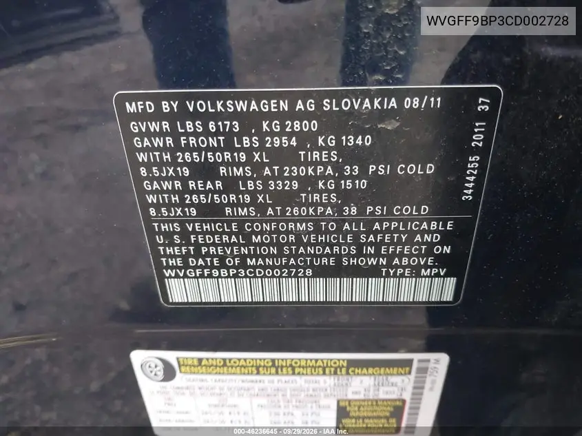 2012 VOLKSWAGEN TOUAREG VIN WVGFF9BP3CD002728 — фото 9