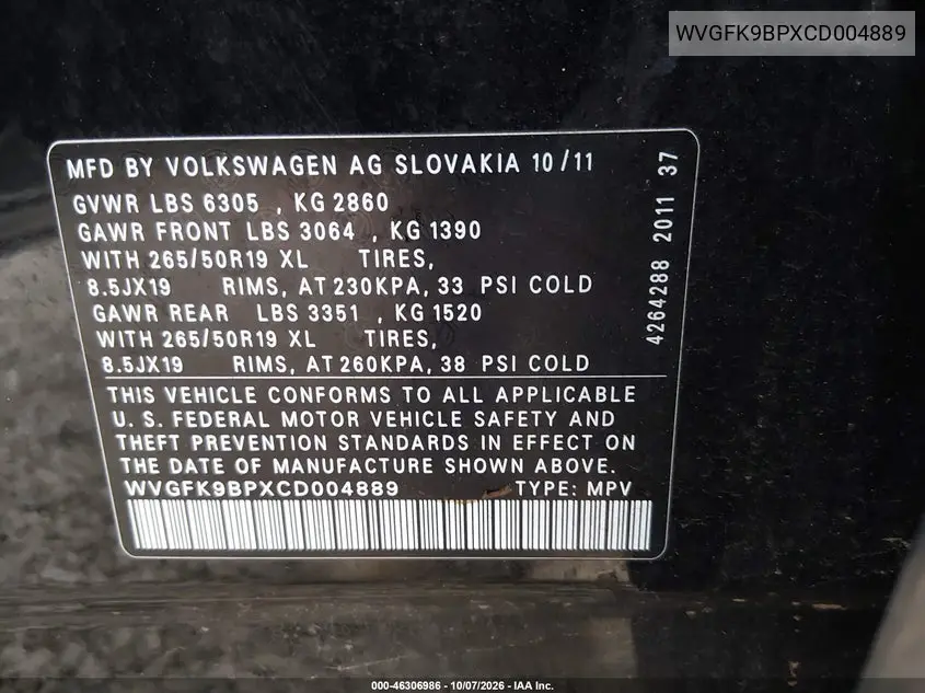 2012 VOLKSWAGEN TOUAREG VIN WVGFK9BPXCD004889 — фото 9