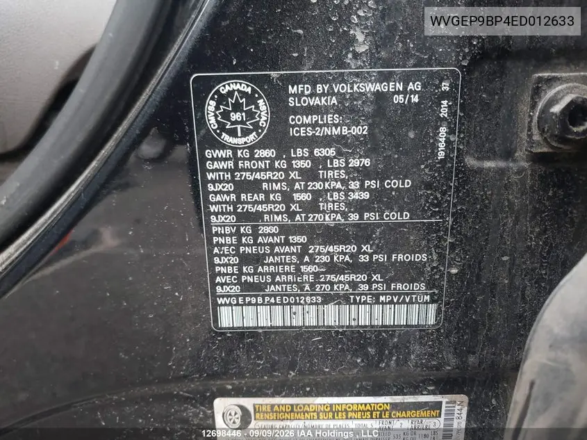 2014 VOLKSWAGEN TOUAREG VIN WVGEP9BP4ED012633 — фото 9