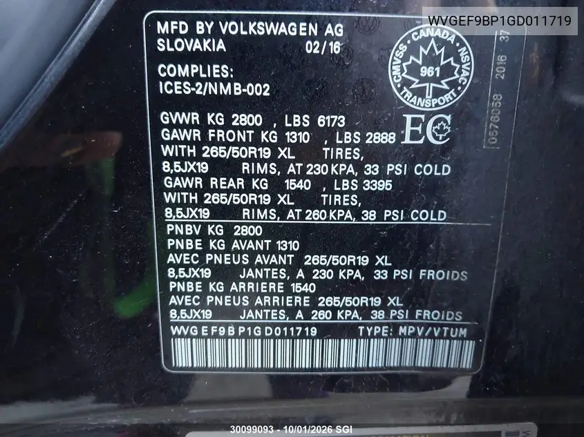 2016 VOLKSWAGEN TOUAREG VIN WVGEF9BP1GD011719 — фото 9