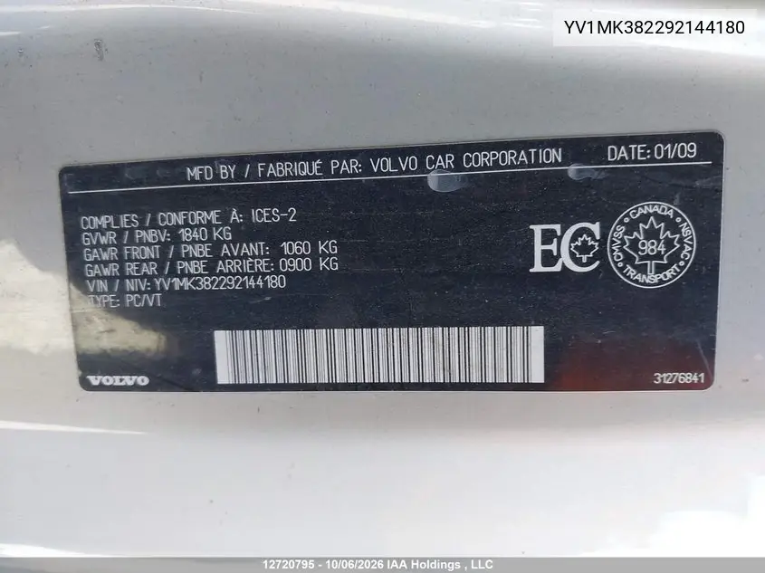 2009 VOLVO C30 VIN YV1MK382292144180 — фото 9