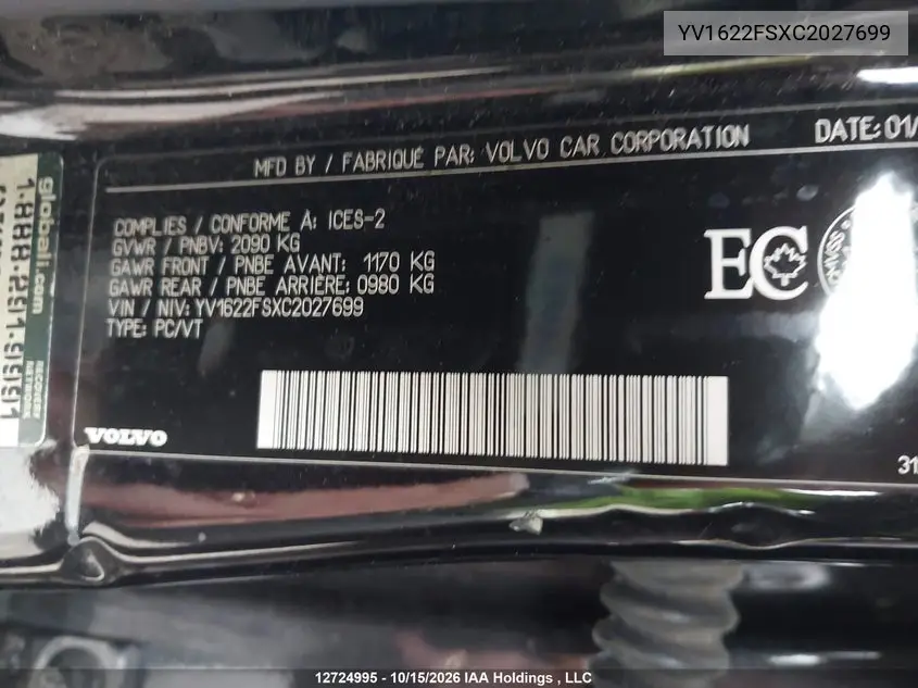 2012 VOLVO S60 VIN YV1622FSXC2027699 — фото 9
