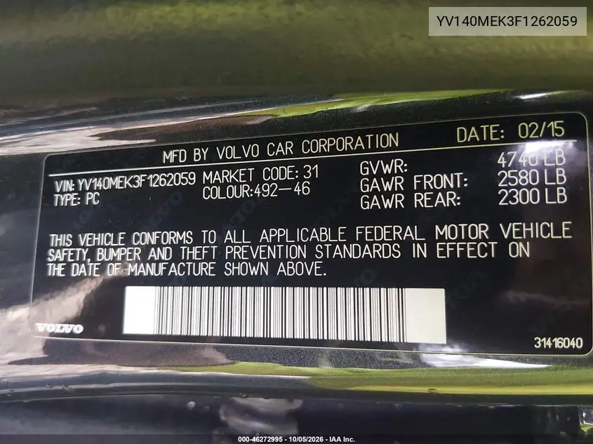 2015 VOLVO V60 VIN YV140MEK3F1262059 — фото 9