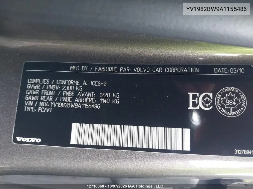 2010 VOLVO V70 VIN YV1982BW9A1155486 — фото 20