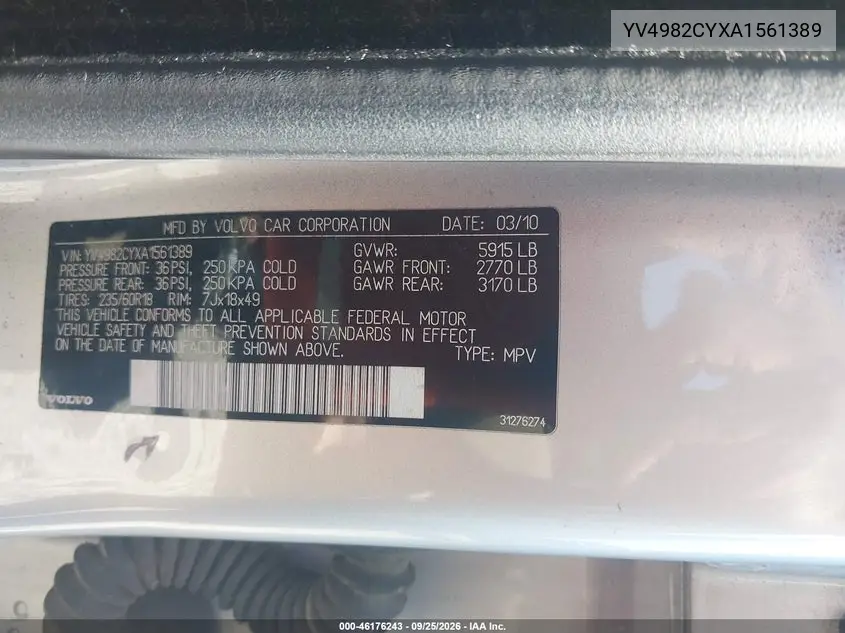 2010 VOLVO XC90 VIN YV4982CYXA1561389 — фото 9