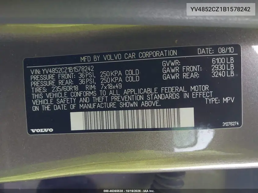 2011 VOLVO XC90 VIN YV4852CZ1B1578242 — фото 9